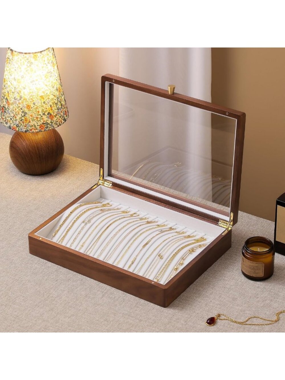 Elegant Black Walnut Jewelry Organizer Tray - 13 Hook Necklace Storage Box for